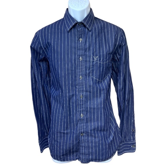 Sz M American Eagle Vintage Fit Blue White Striped Long Sleeve Button Down - Picture 2 of 6